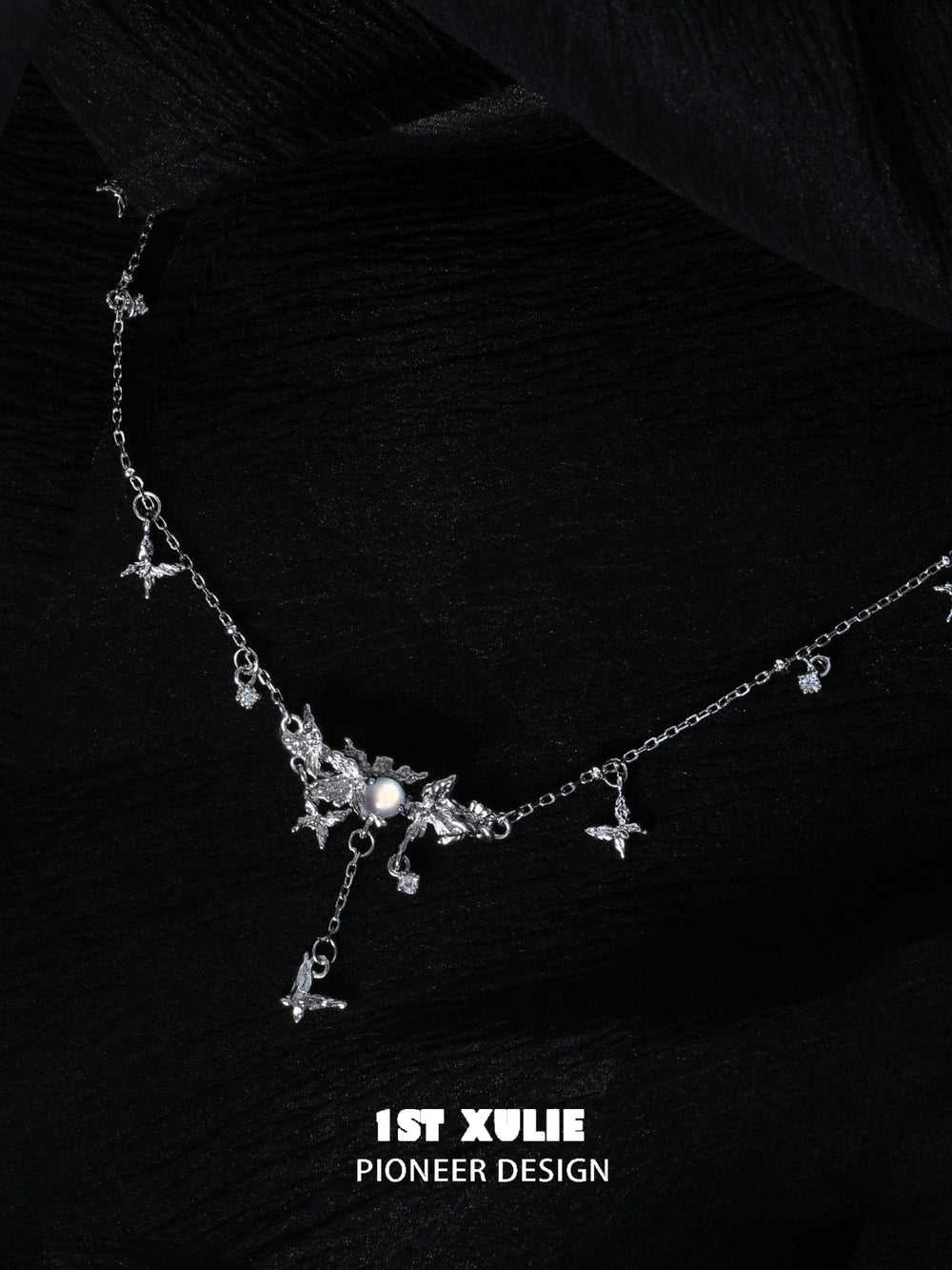 1ST XULIE "Whiterfly" Gothic Butterfly Bone Agate Necklace in Platinum Plated - Detail Shot