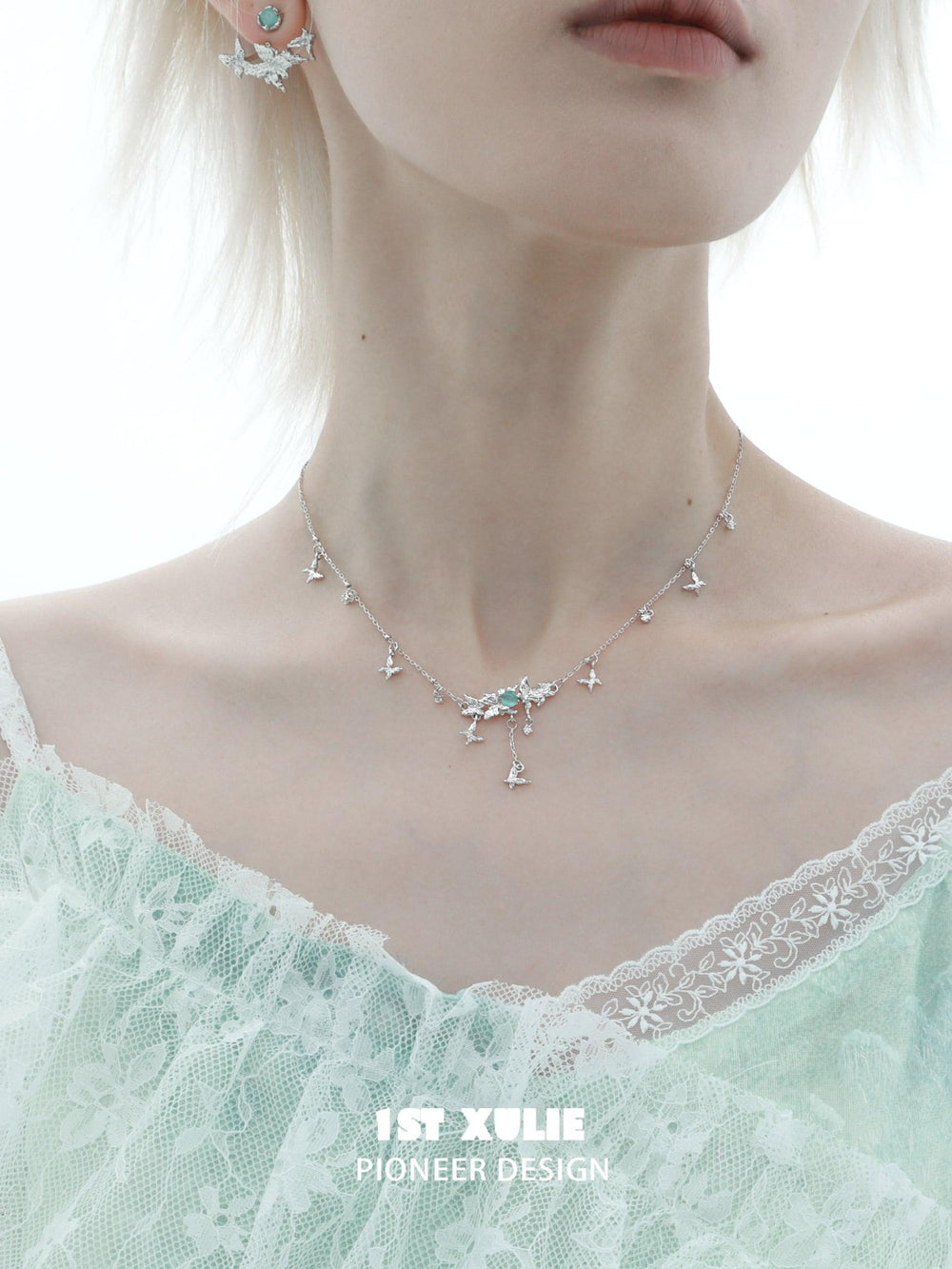 1ST XULIE "Whiterfly" Gothic Butterfly Bone Agate Necklace in Platinum Plated - On Model Close-Up