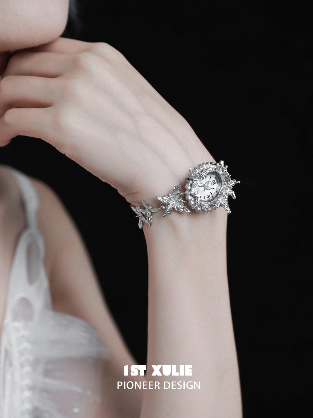 1ST XULIE "Whiterfly" Gothic Butterfly Bracelet Watch in Platinum Plating - Angled View