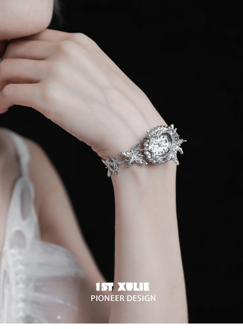 1ST XULIE "Whiterfly" Gothic Butterfly Bracelet Watch in Platinum Plating - Detail Shot