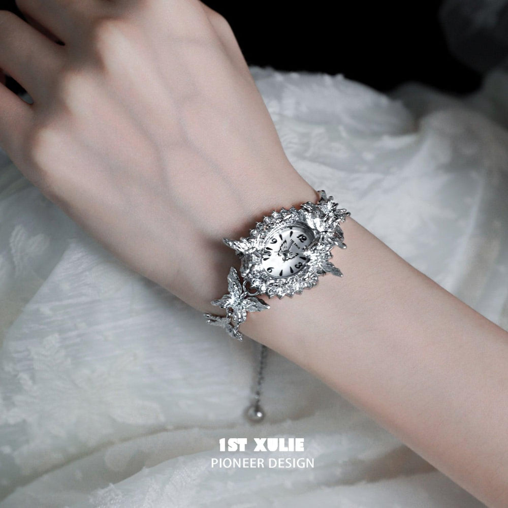 1ST XULIE "Whiterfly" Gothic Butterfly Bracelet Watch in Platinum Plating - Lifestyle Shot