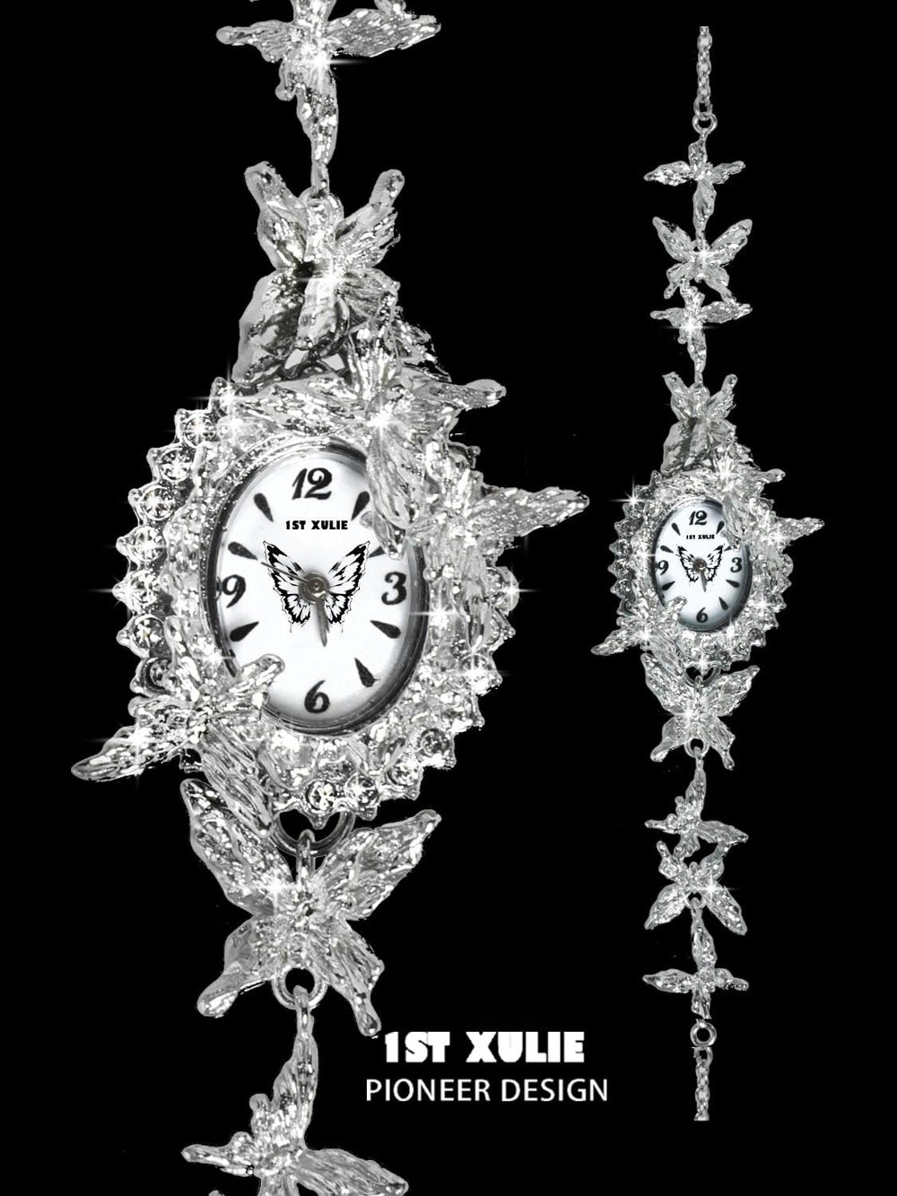 1ST XULIE "Whiterfly" Gothic Butterfly Bracelet Watch in Platinum Plating - On Model