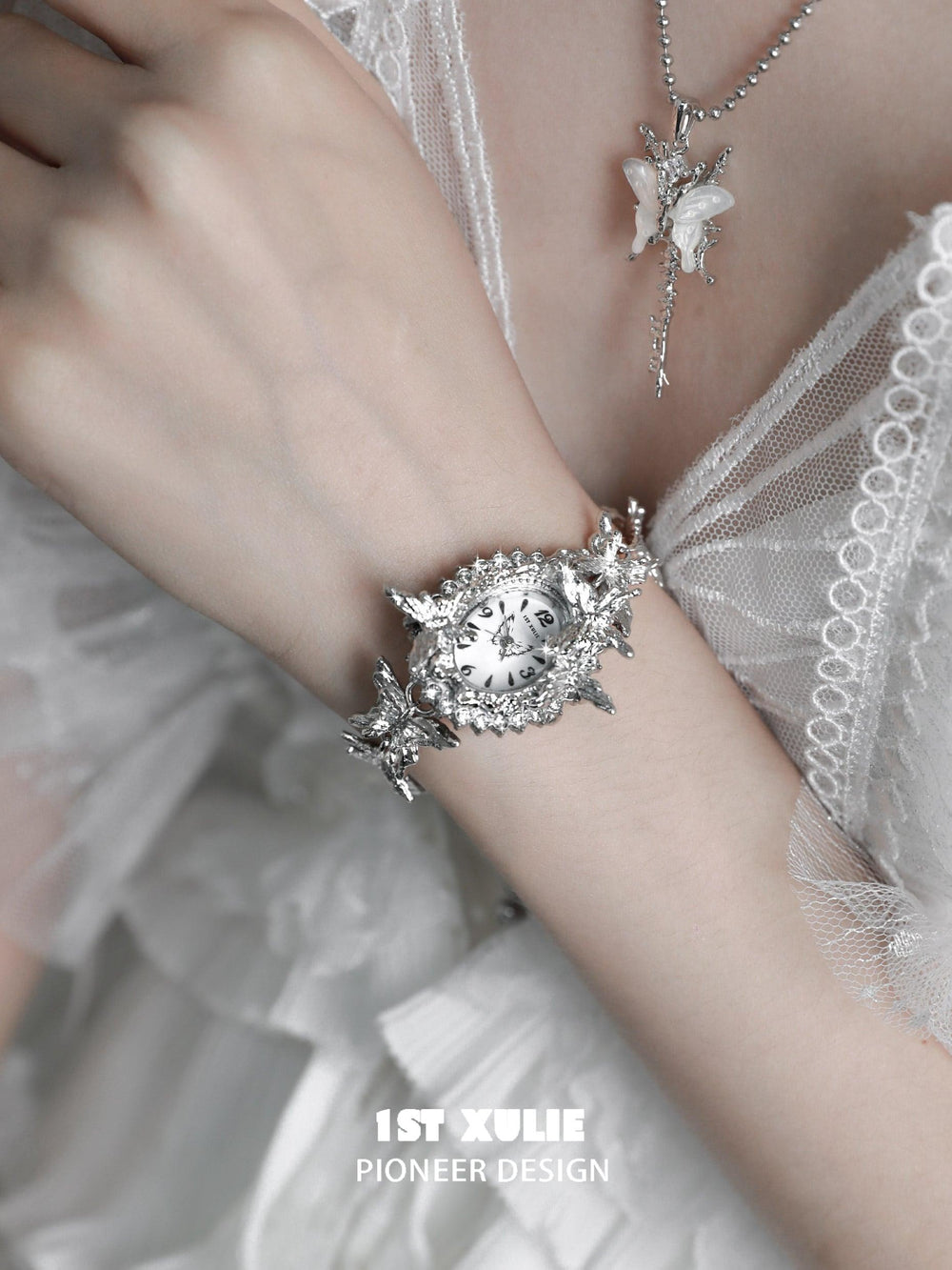 1ST XULIE "Whiterfly" Gothic Butterfly Bracelet Watch in Platinum Plating - On Model Close-up
