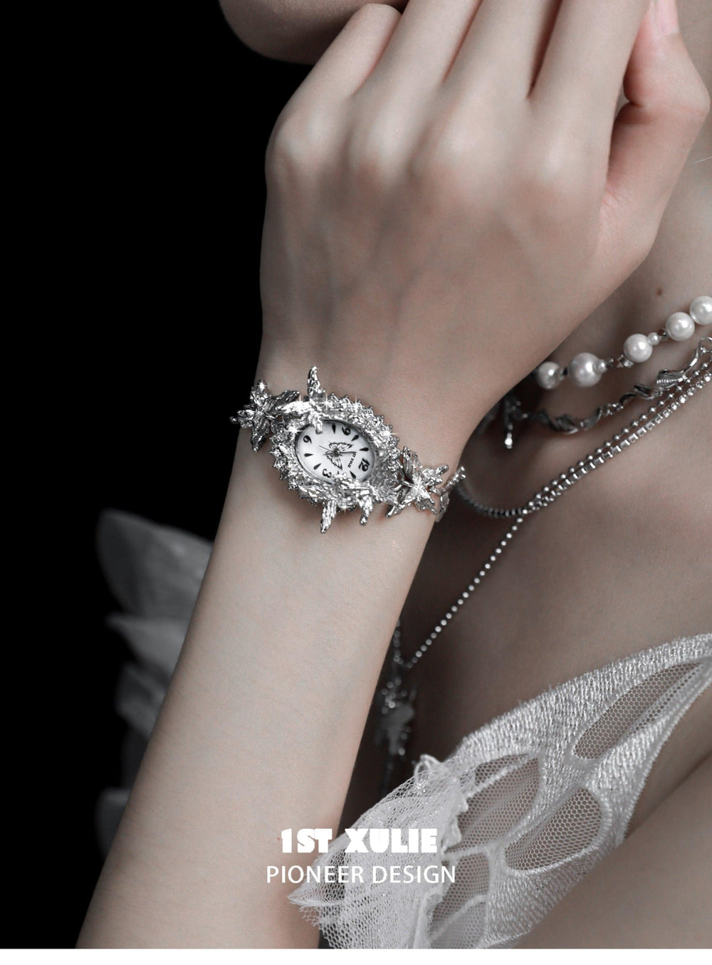 1ST XULIE "Whiterfly" Gothic Butterfly Bracelet Watch in Platinum Plating - Side View