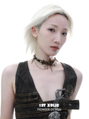 1ST XULIE "ButterflyWasteland" Gothic Butterfly Collar Choker in Distressed Cowhide and Platinum Plated Alloy - Detail Shot