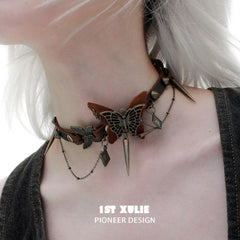 1ST XULIE "ButterflyWasteland" Gothic Butterfly Collar Choker in Distressed Cowhide and Platinum Plated Alloy - Product View