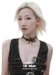 1ST XULIE "ButterflyWasteland" Gothic Butterfly Collar Choker in Distressed Cowhide and Platinum Plated Alloy - On Model