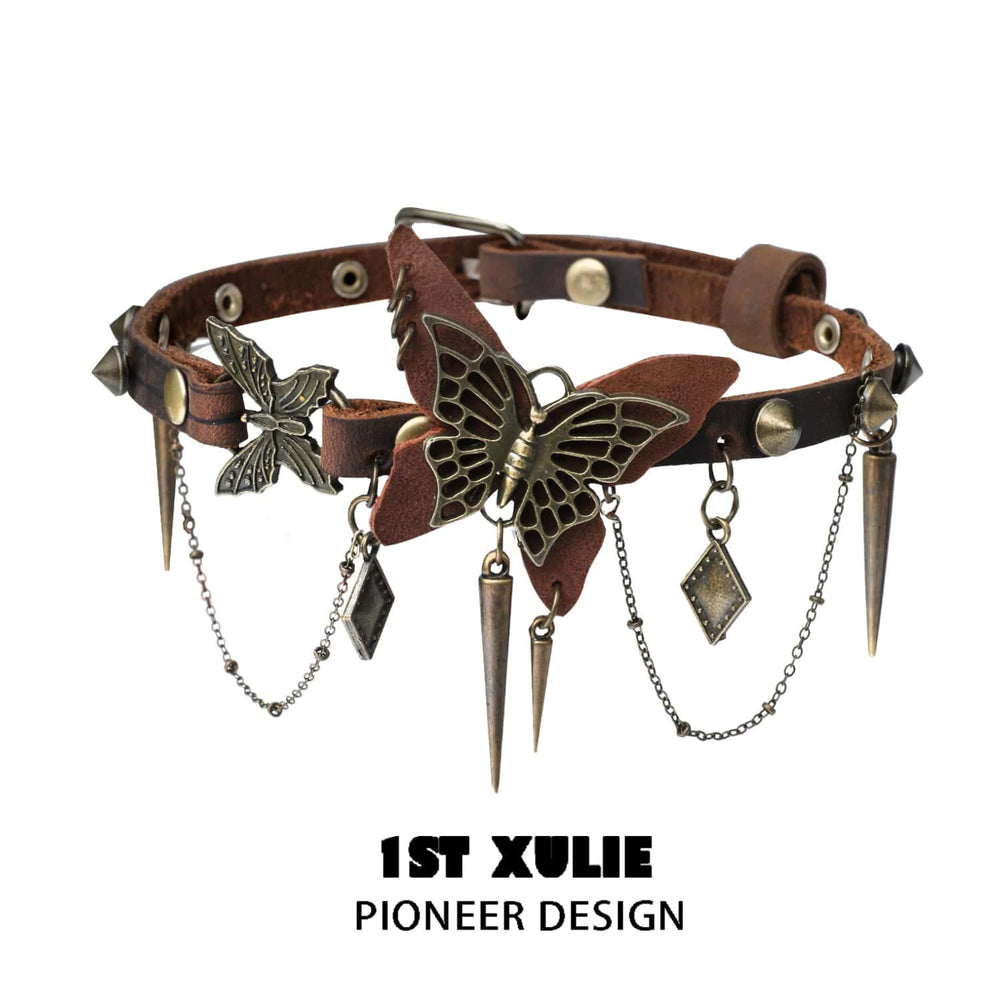 1ST XULIE "ButterflyWasteland" Gothic Butterfly Collar Choker in Distressed Cowhide and Platinum Plated Alloy - On Model Close-Up