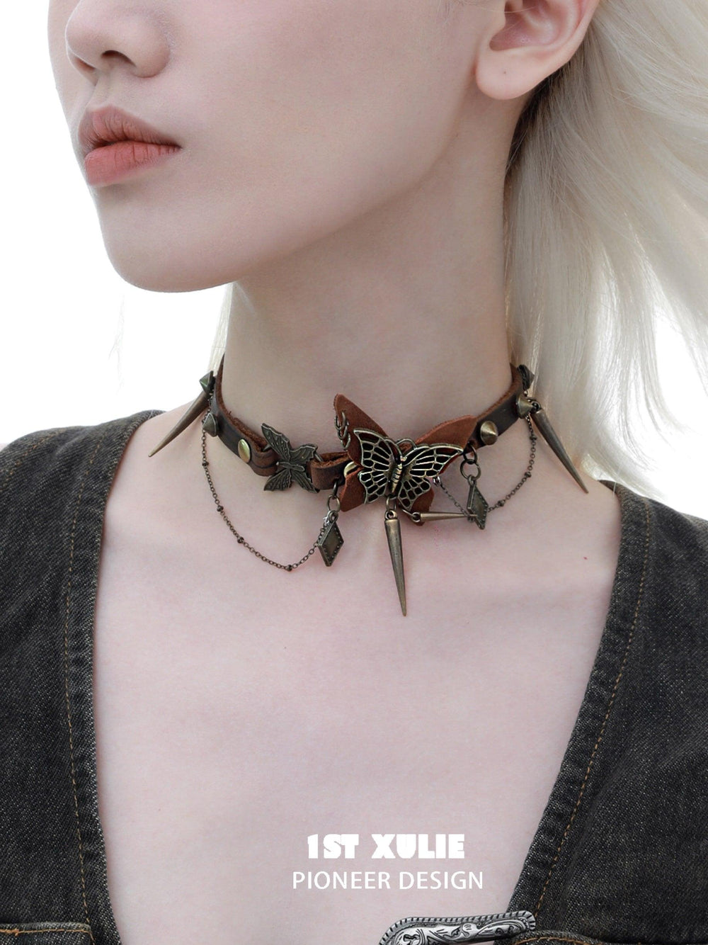 1ST XULIE "ButterflyWasteland" Gothic Butterfly Collar Choker in Distressed Cowhide and Platinum Plated Alloy - Side View