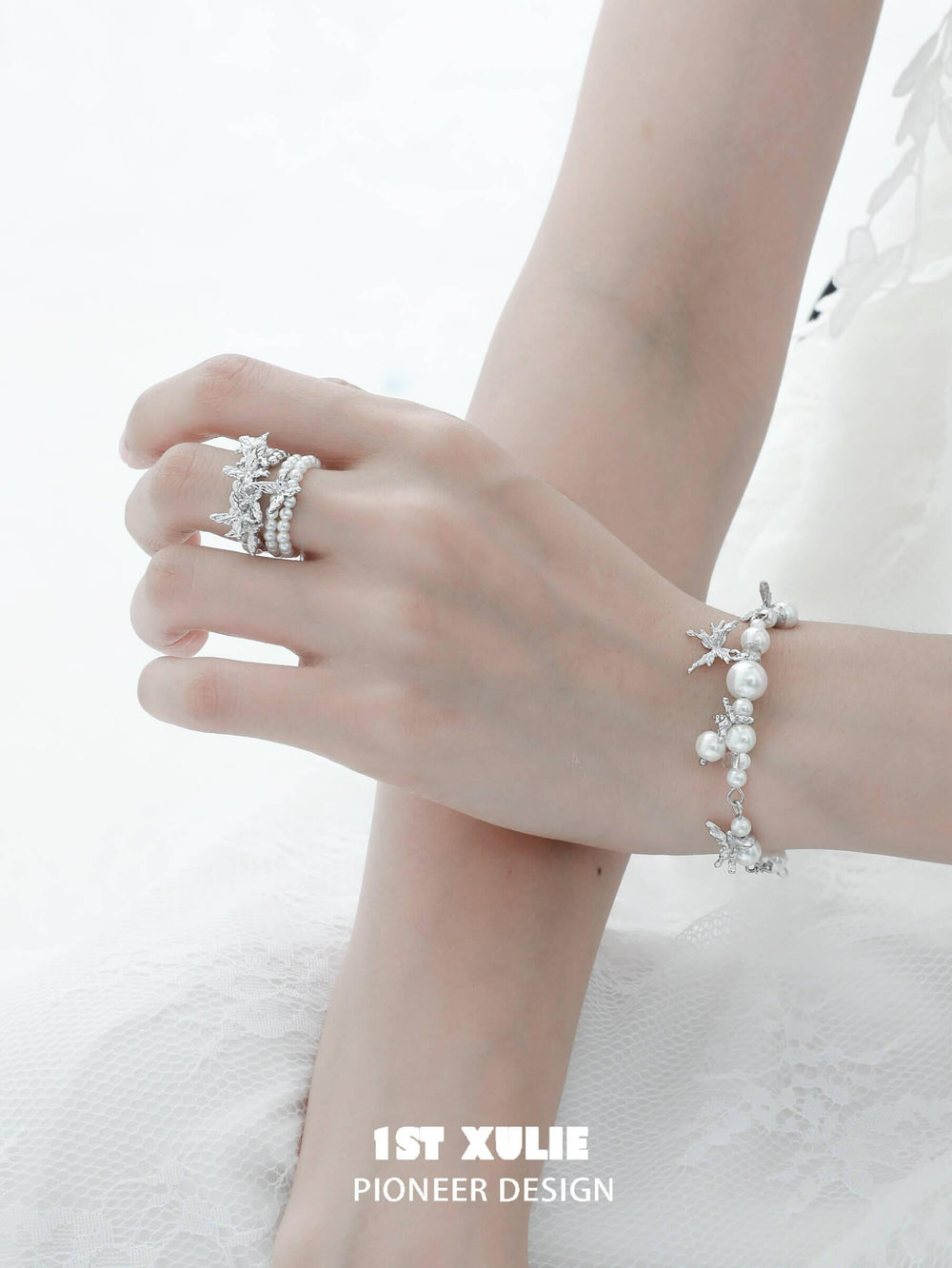 1ST XULIE "Whiterfly" Gothic Butterfly Pearl Ring in 925 Sterling Silver - Lifestyle Shot