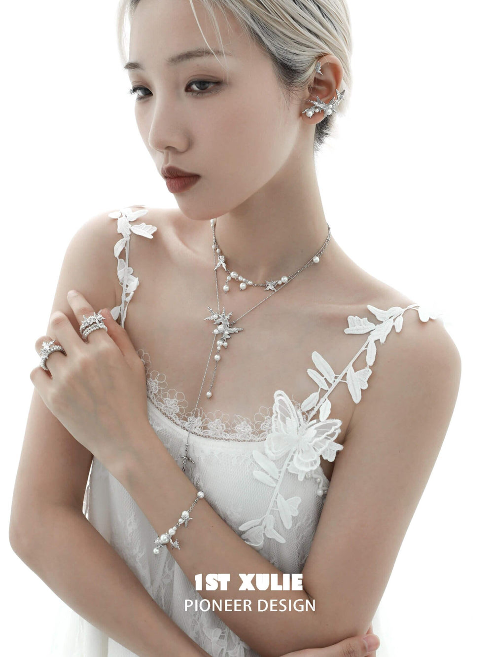 1ST XULIE "Whiterfly" Gothic Butterfly Pearl Ring in 925 Sterling Silver - On Model Close-up