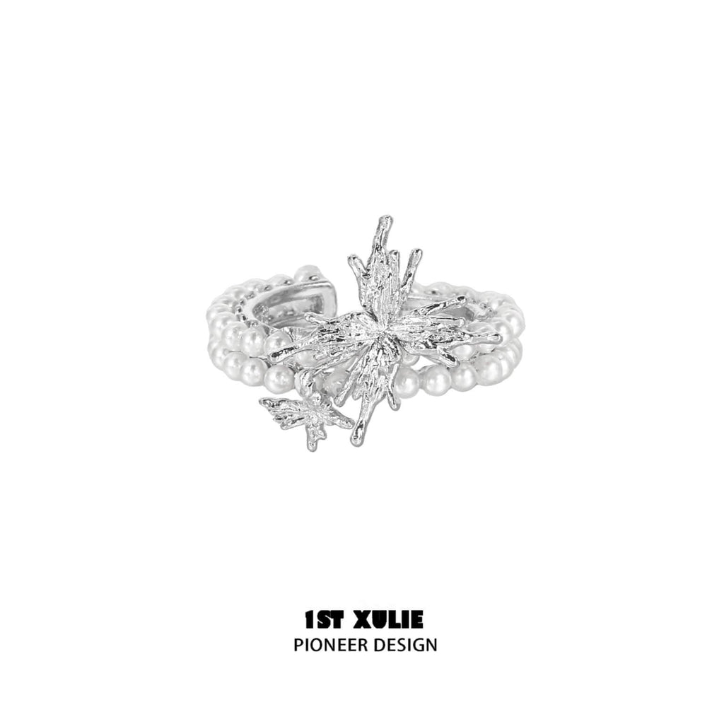 1ST XULIE "Whiterfly" Gothic Butterfly Pearl Ring in 925 Sterling Silver - Texture Detail