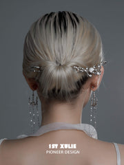 1ST XULIE "Whiterfly" Gothic Butterfly Skeleton Hair Pins in Platinum Plated - Detail Shot of Shell Butterfly