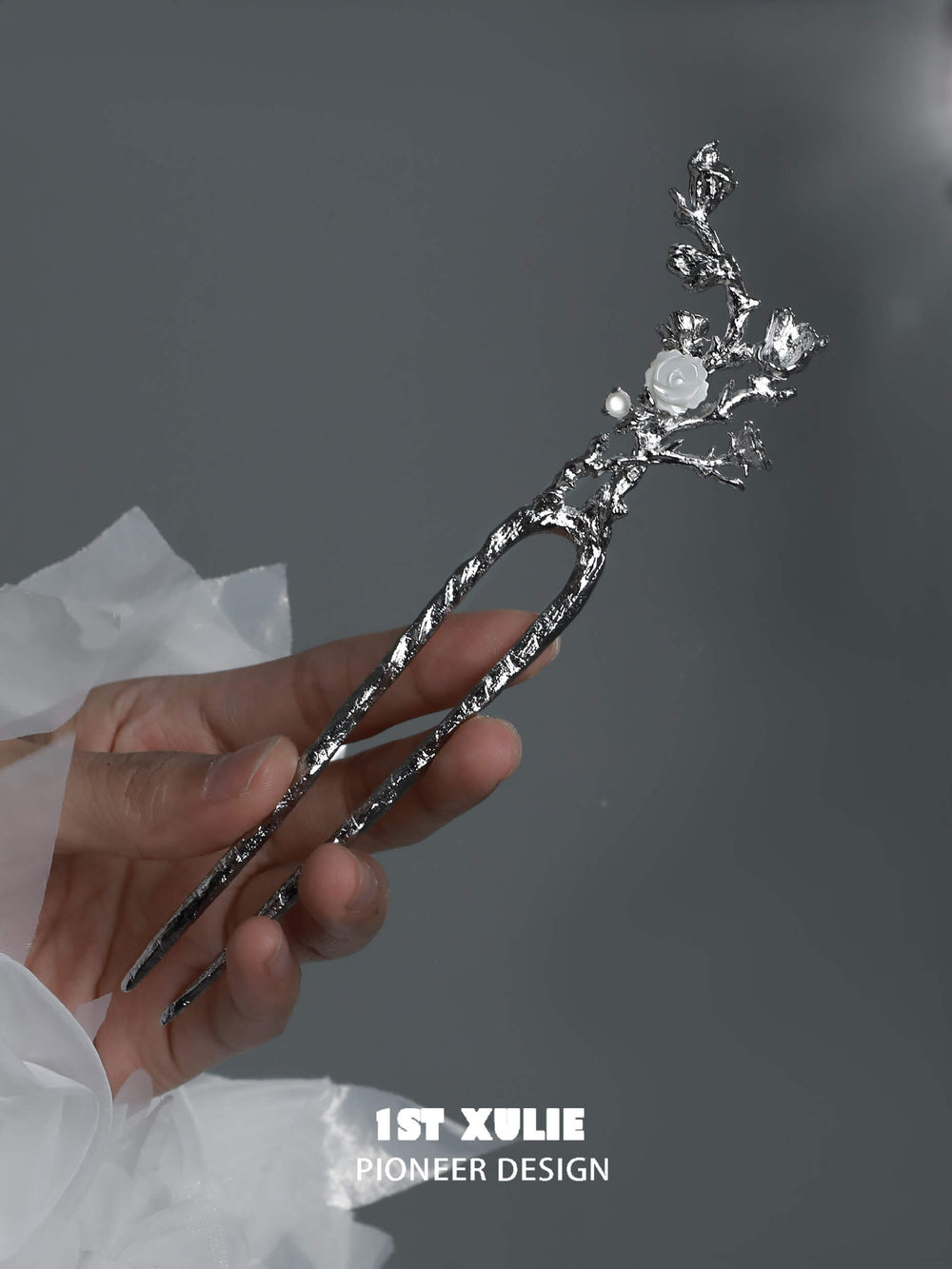 1ST XULIE "Whiterfly" Gothic Butterfly Skeleton Hair Pins in Platinum Plated - Angled Product View