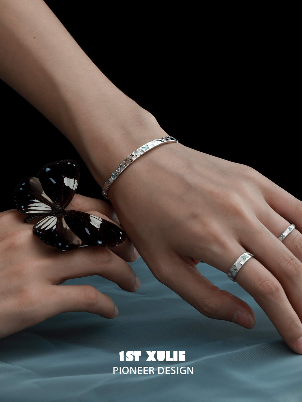 1ST XULIE "Whiterfly" Gothic Butterfly Skull Logo Chain Bracelet in 925 Sterling Silver - Angle View