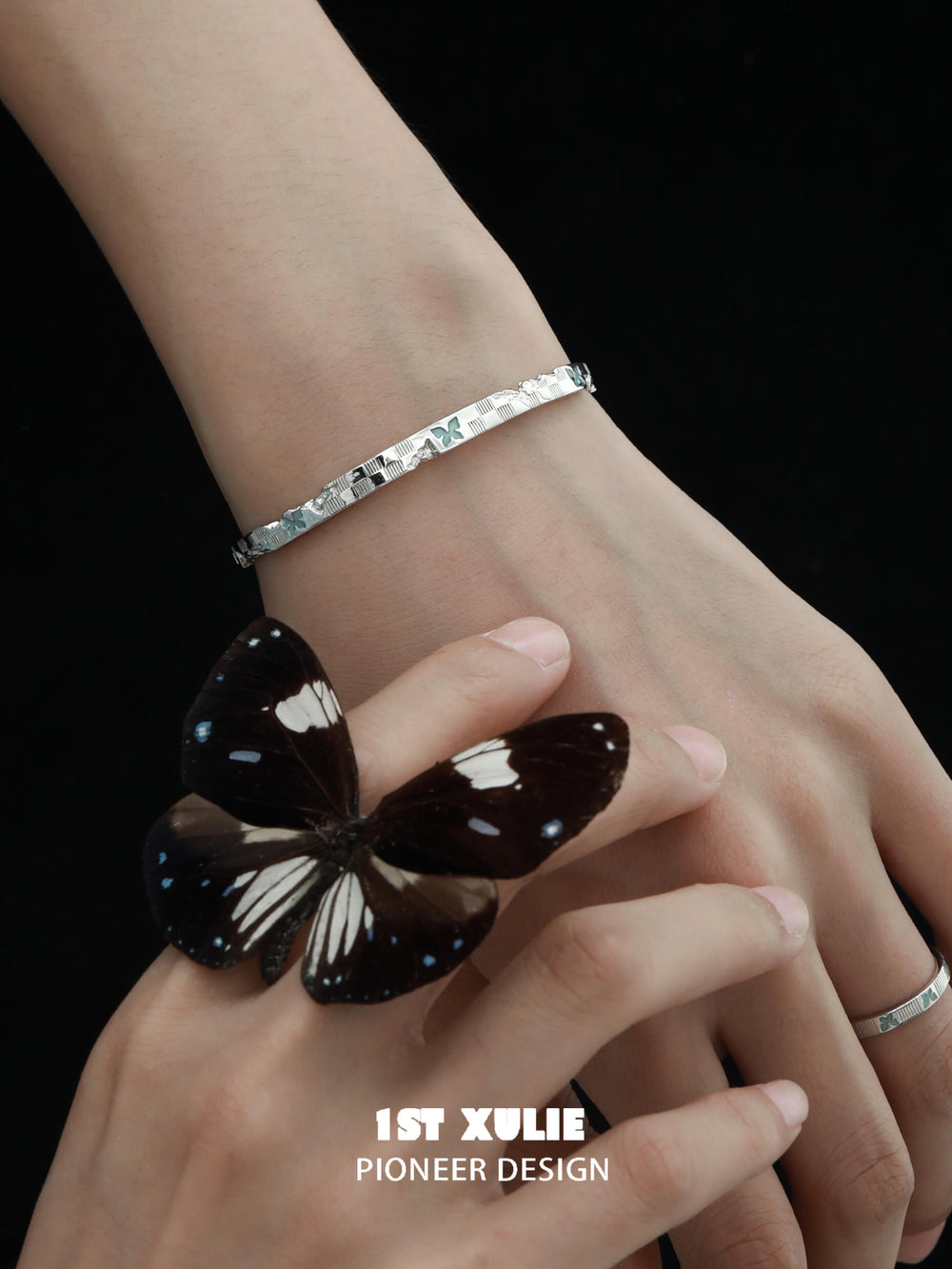 1ST XULIE "Whiterfly" Gothic Butterfly Skull Logo Chain Bracelet in 925 Sterling Silver - Detail Shot