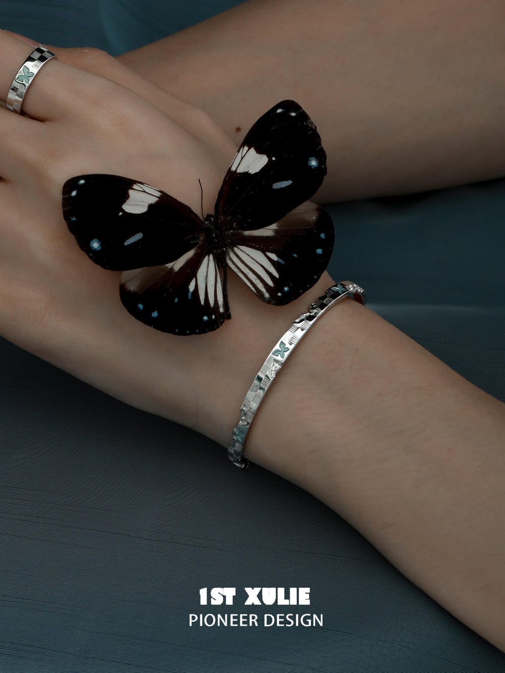 1ST XULIE "Whiterfly" Gothic Butterfly Skull Logo Chain Bracelet in 925 Sterling Silver - Lifestyle Shot