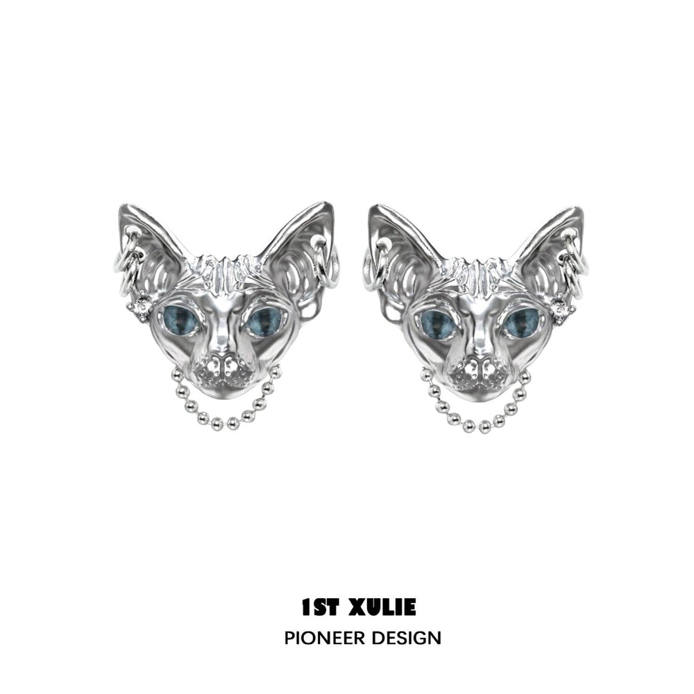 1ST XULIE "Cat's Gaze" Gothic Cat Head Stud Earrings in Platinum Plate - On Model