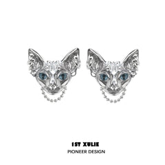 1ST XULIE "Cat's Gaze" Gothic Cat Head Stud Earrings in Platinum Plate - On Model