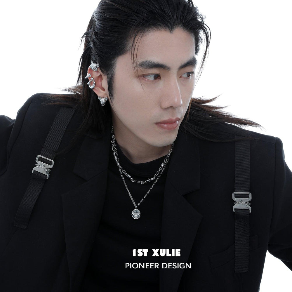 1ST XULIE "Cat's Gaze" Gothic Cat Head Stud Earrings in Platinum Plate - On Model Close-up