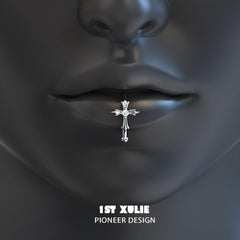 1ST XULIE "Rose Believer" Gothic Cross Ear Cuffs in 925 Sterling Silver - Detail Shot On Model