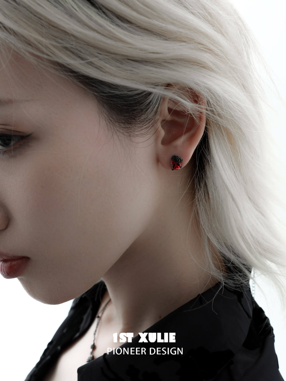 1ST XULIE "Taboo Rose" Gothic Dark Rose Stud Earrings in 925 Sterling Silver - Detail Shot