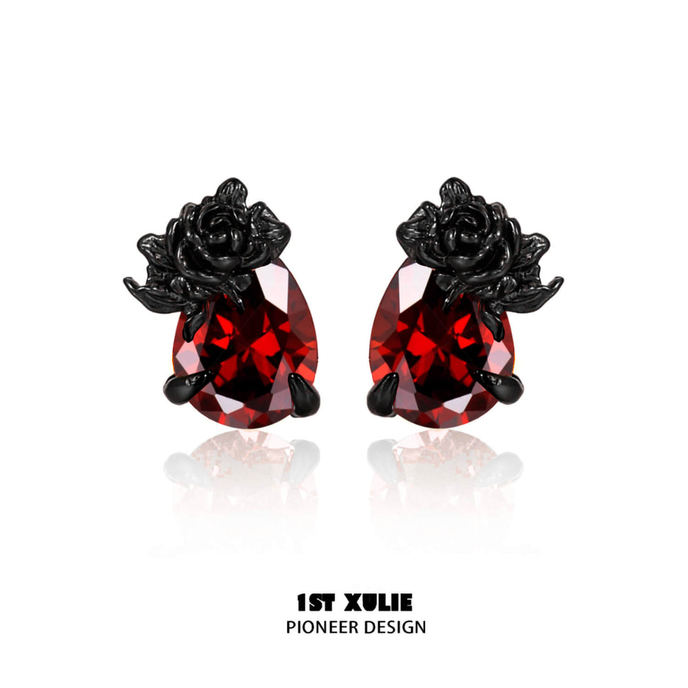 1ST XULIE "Taboo Rose" Gothic Dark Rose Stud Earrings in 925 Sterling Silver - Product View