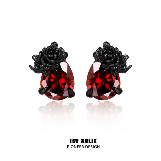 1ST XULIE "Taboo Rose" Gothic Dark Rose Stud Earrings in 925 Sterling Silver - Product View