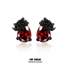 1ST XULIE "Taboo Rose" Gothic Dark Rose Stud Earrings in 925 Sterling Silver - Product View