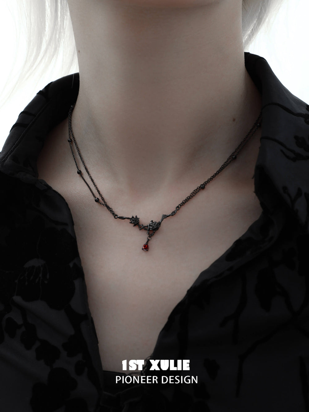 1ST XULIE "Taboo Rose" Gothic Dark Rose Thorn Pendant Necklace in 925 Sterling Silver - Side View