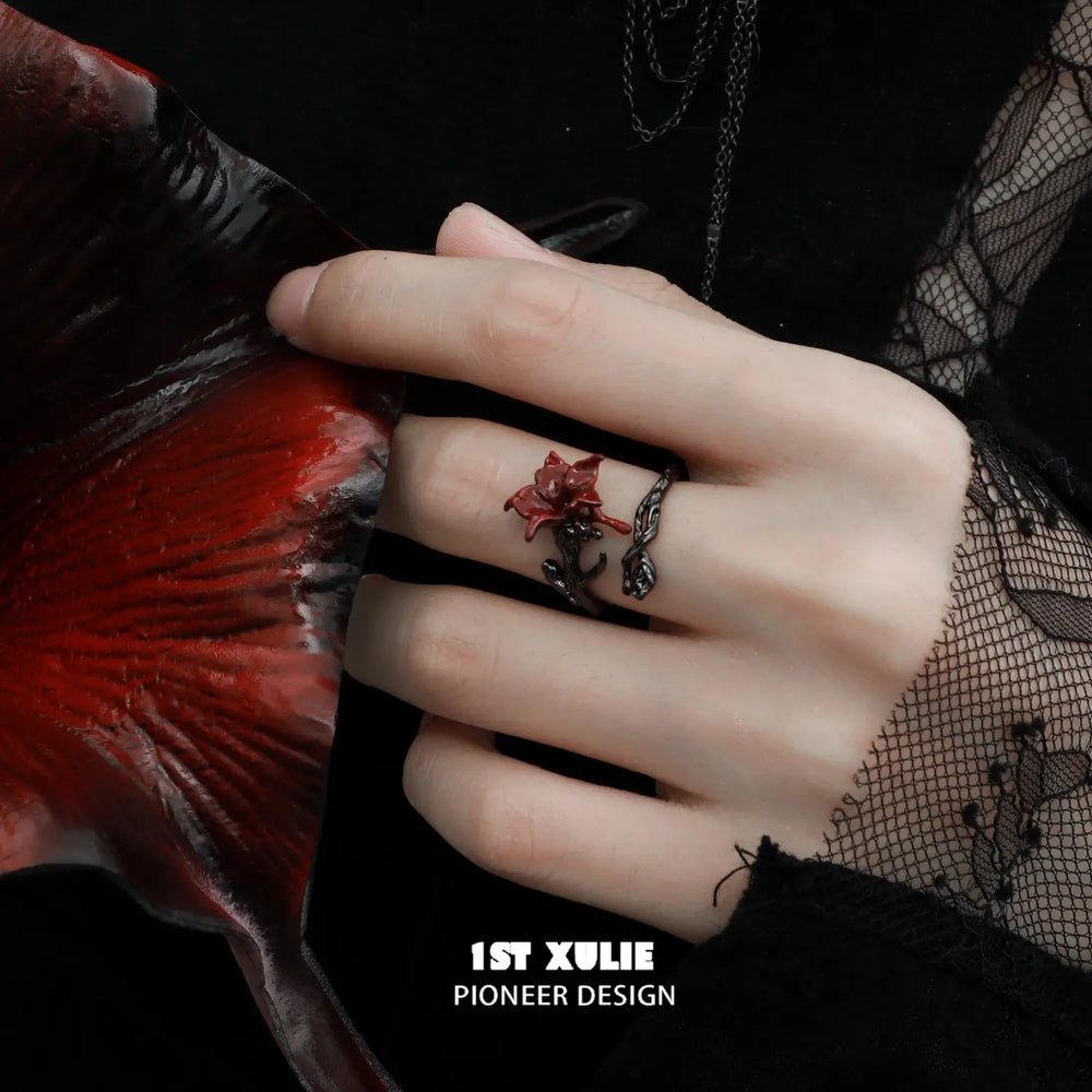 1ST XULIE "Bloody Datura" Gothic Datura Flower Ring in 925 Sterling Silver - Lifestyle Shot