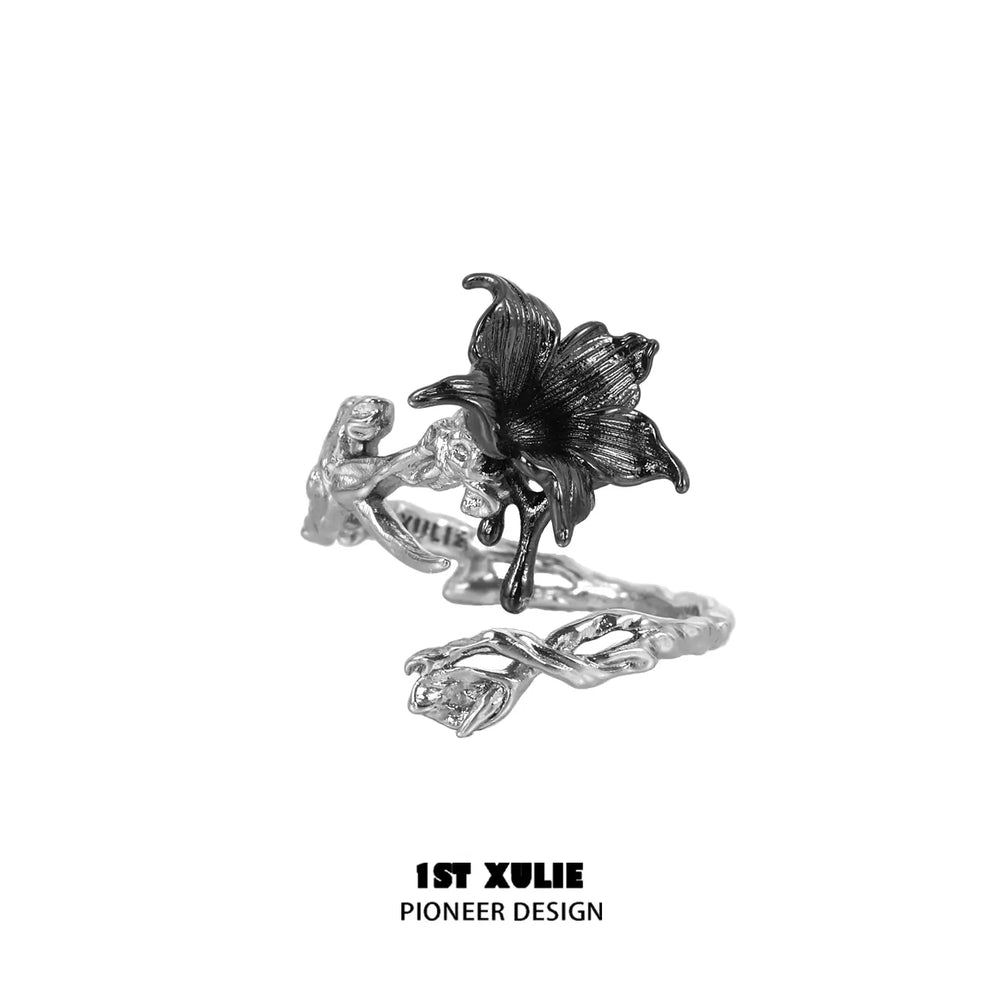 1ST XULIE "Bloody Datura" Gothic Datura Flower Ring in 925 Sterling Silver - On Model Close-Up