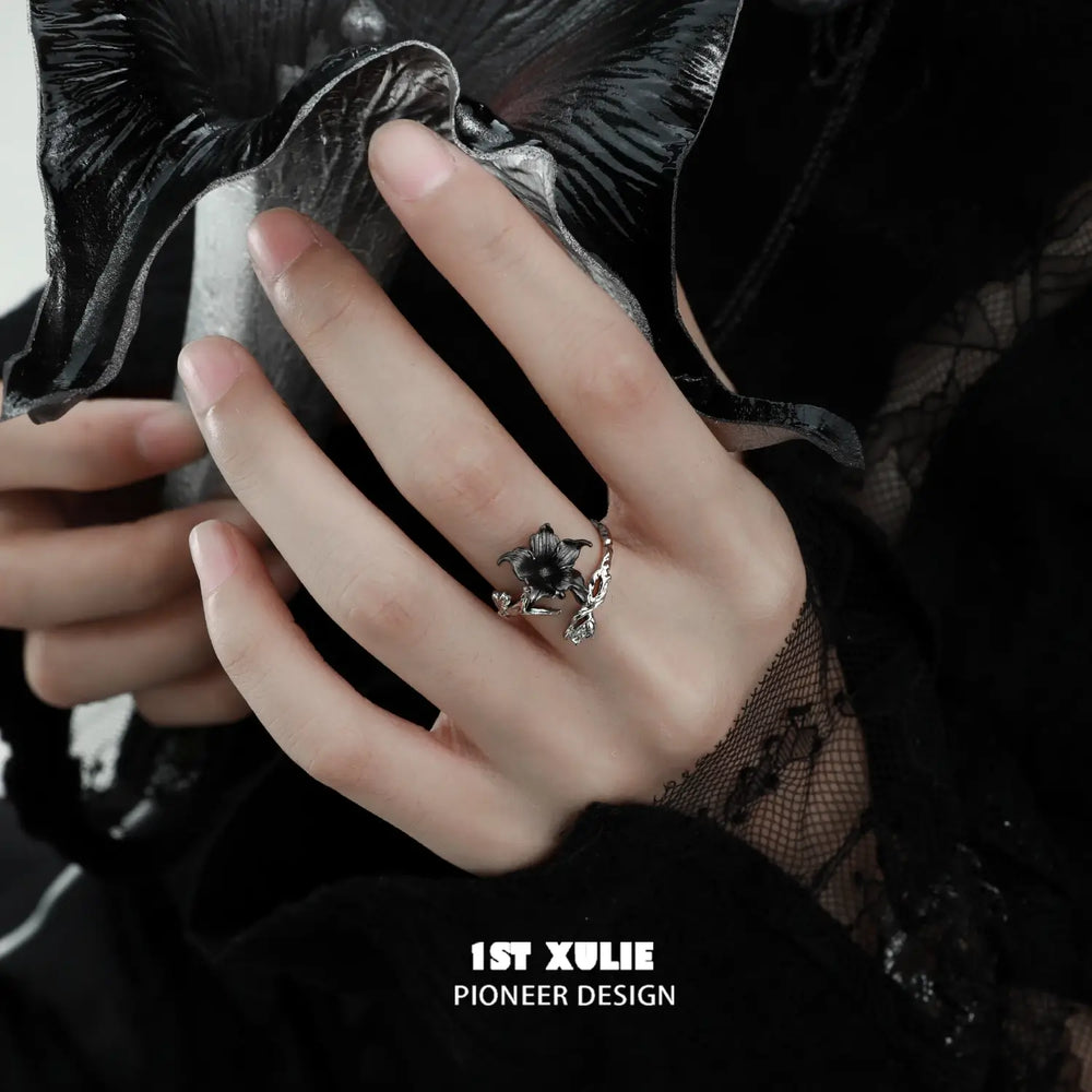 1ST XULIE "Bloody Datura" Gothic Datura Flower Ring in 925 Sterling Silver - Side View
