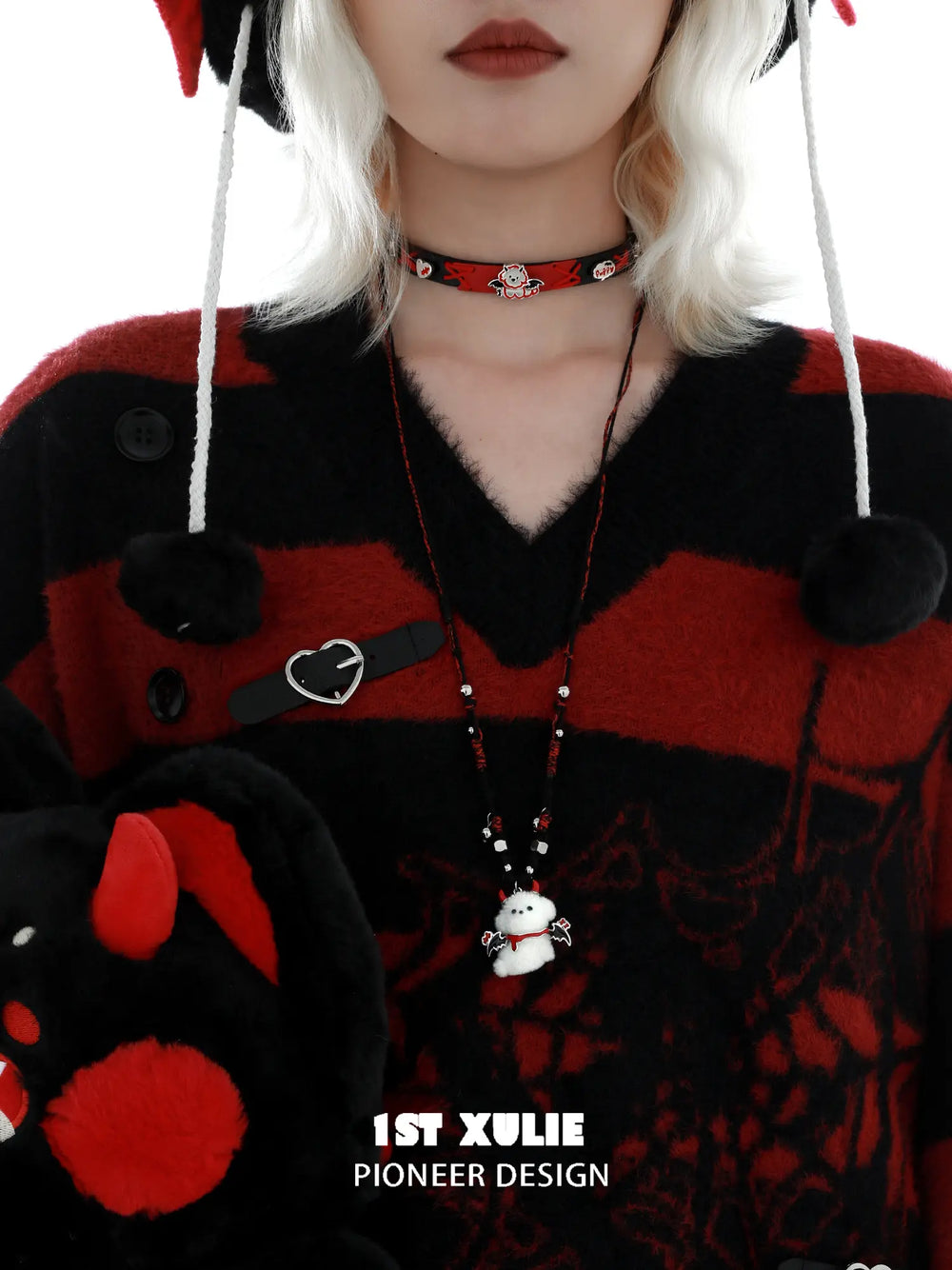 1ST XULIE Jewelry "DEMON CUTIES" Gothic Devil Puppy Pendant Necklace in Rhodium Plated Brass - Angle View 1