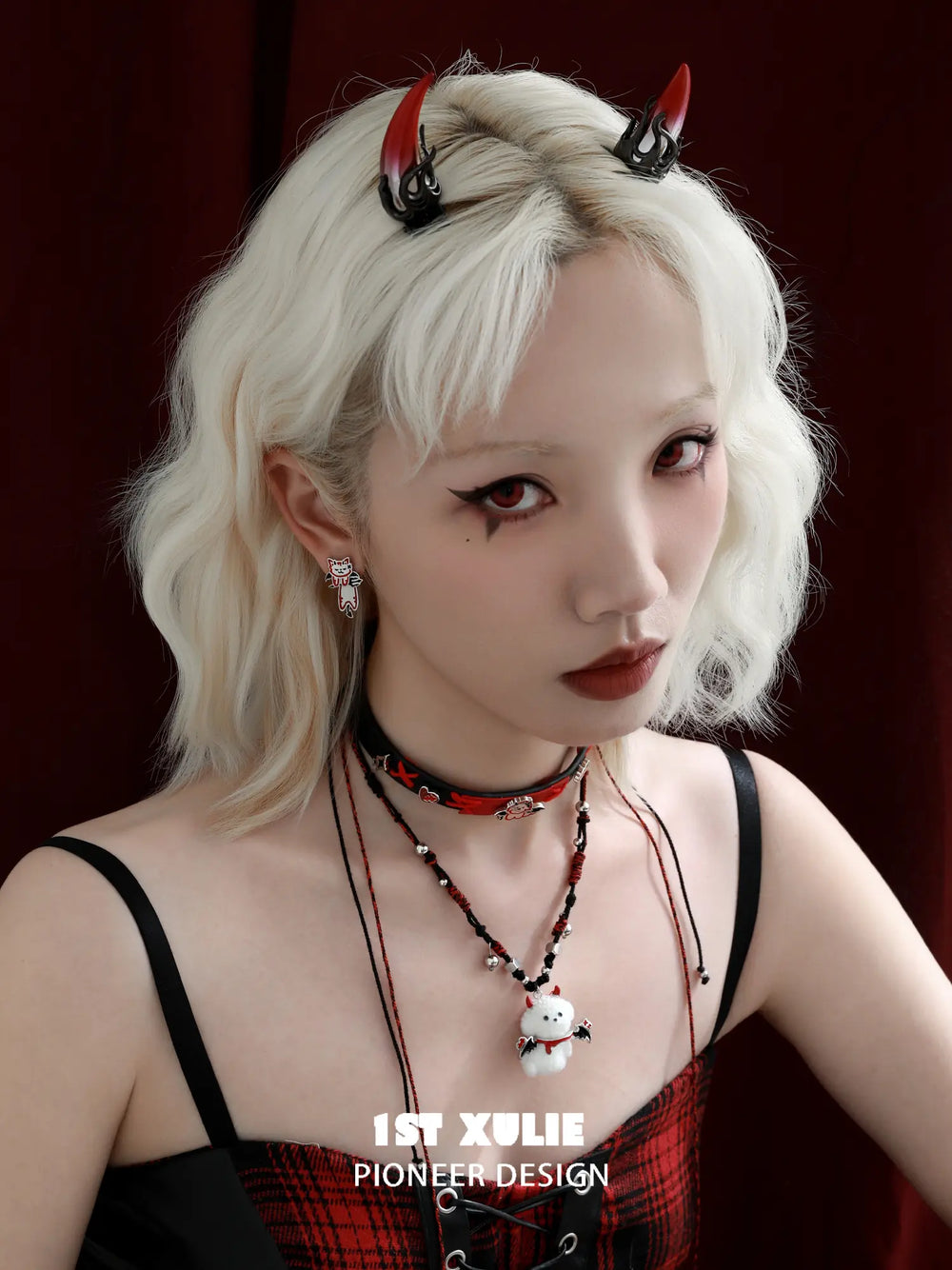 1ST XULIE Jewelry "DEMON CUTIES" Gothic Devil Puppy Pendant Necklace in Rhodium Plated Brass - Product View