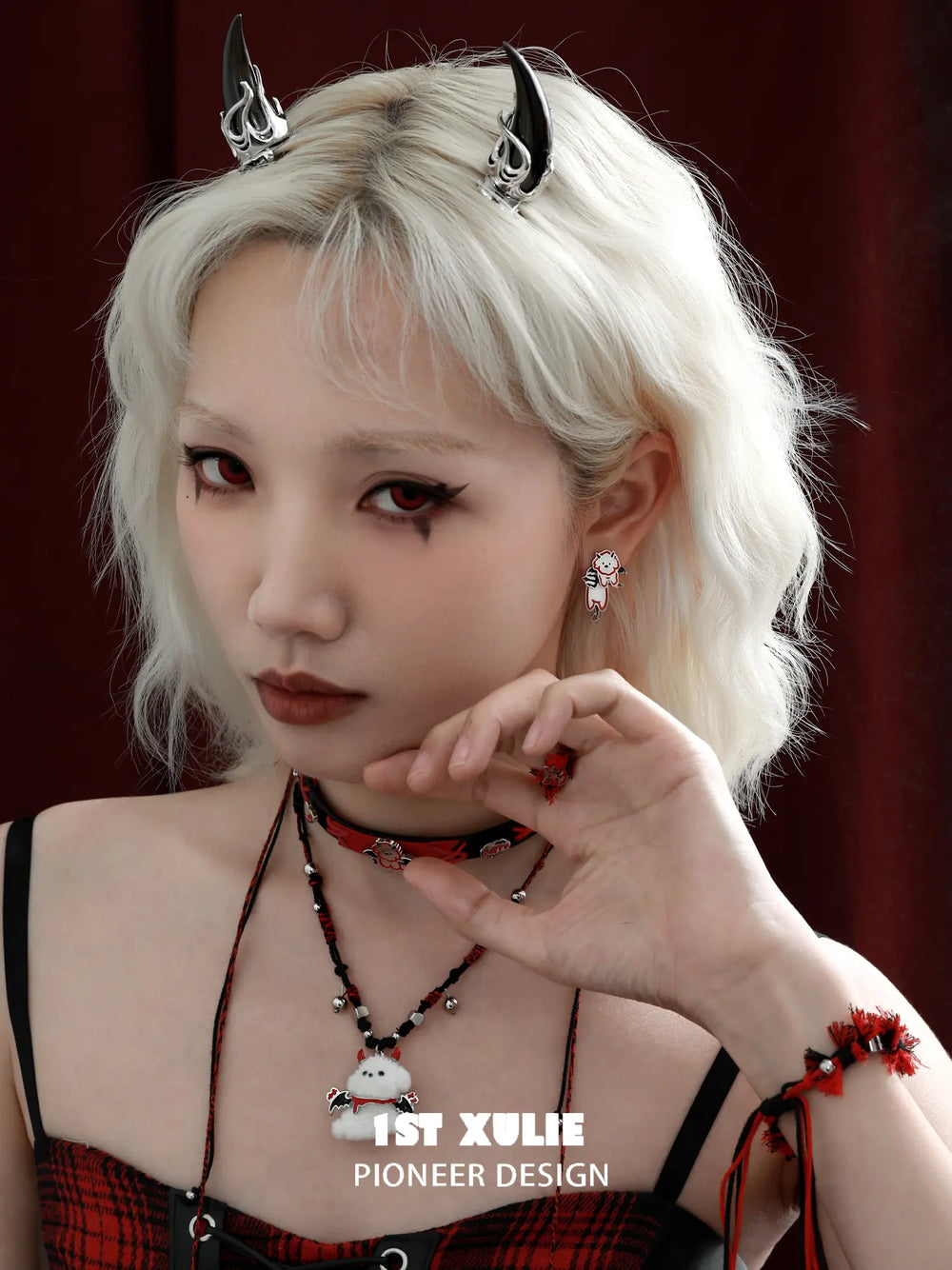 1ST XULIE Jewelry "DEMON CUTIES" Gothic Devil Puppy Pendant Necklace in Rhodium Plated Brass - On Model