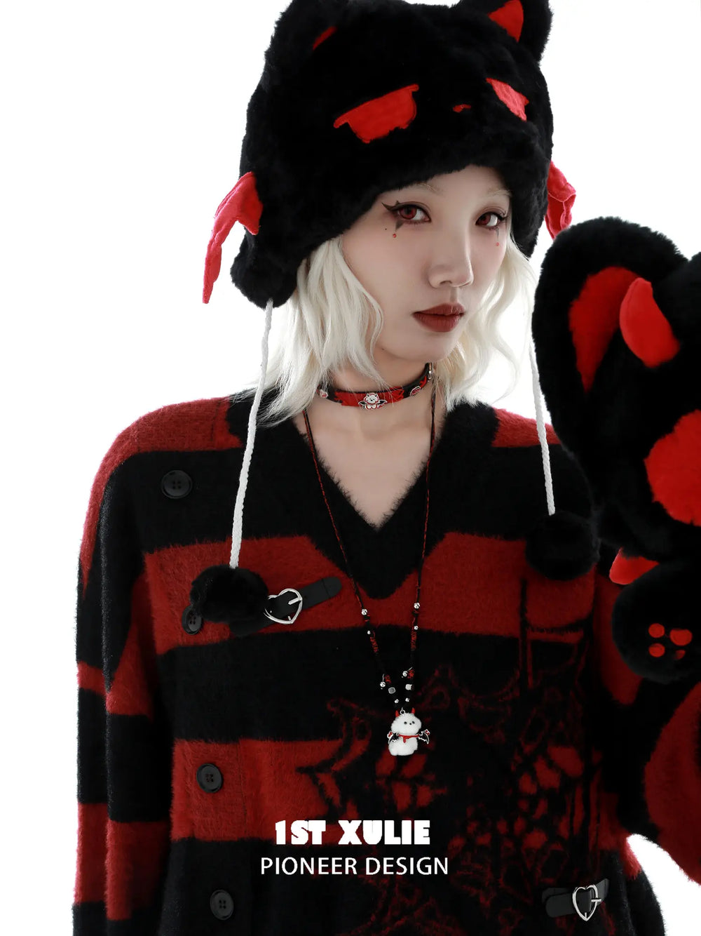 1ST XULIE Jewelry "DEMON CUTIES" Gothic Devil Puppy Pendant Necklace in Rhodium Plated Brass - On Model Close Up