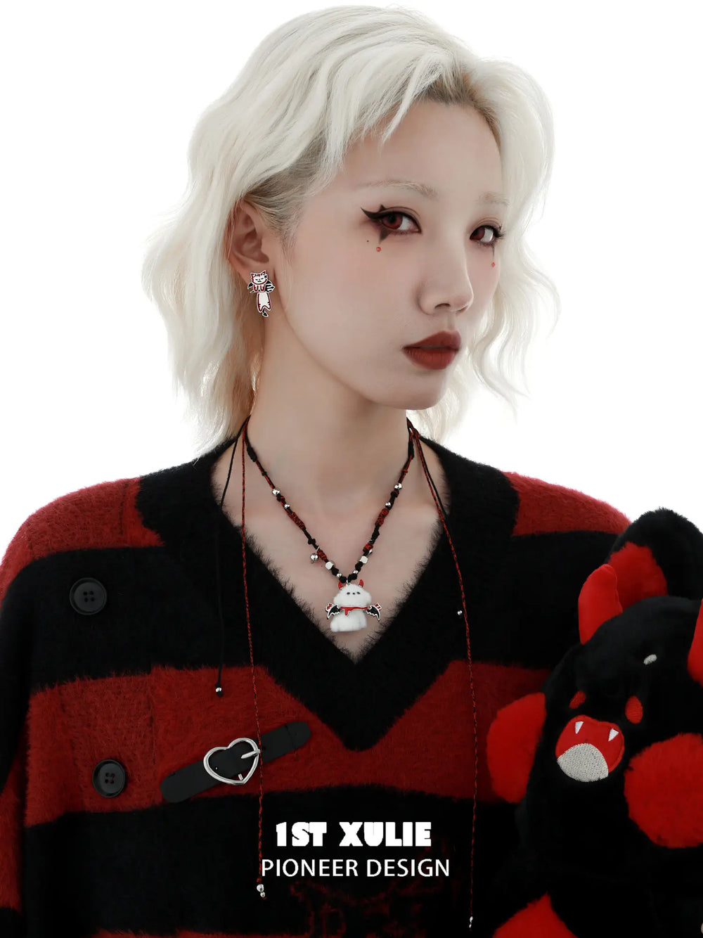 1ST XULIE Jewelry "DEMON CUTIES" Gothic Devil Puppy Pendant Necklace in Rhodium Plated Brass - Texture Shot