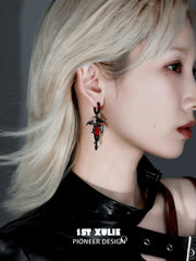 1ST XULIE "Infernal Dragon Relic" Gothic Dragon Bone Dangle Earrings in Black Gold Plated - Angle View 1