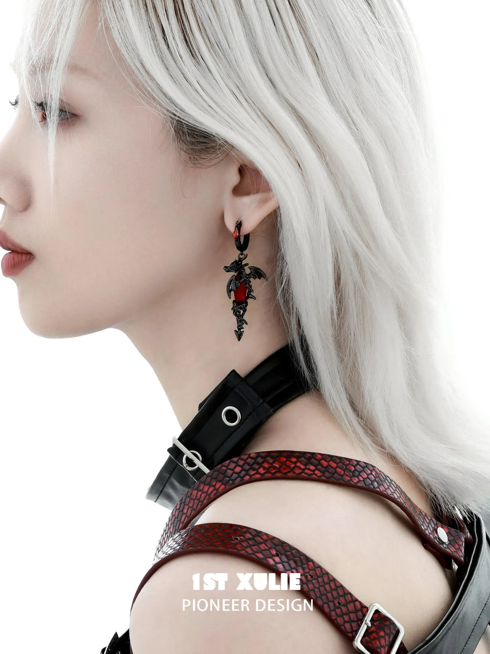 1ST XULIE "Infernal Dragon Relic" Gothic Dragon Bone Dangle Earrings in Black Gold Plated - Product View