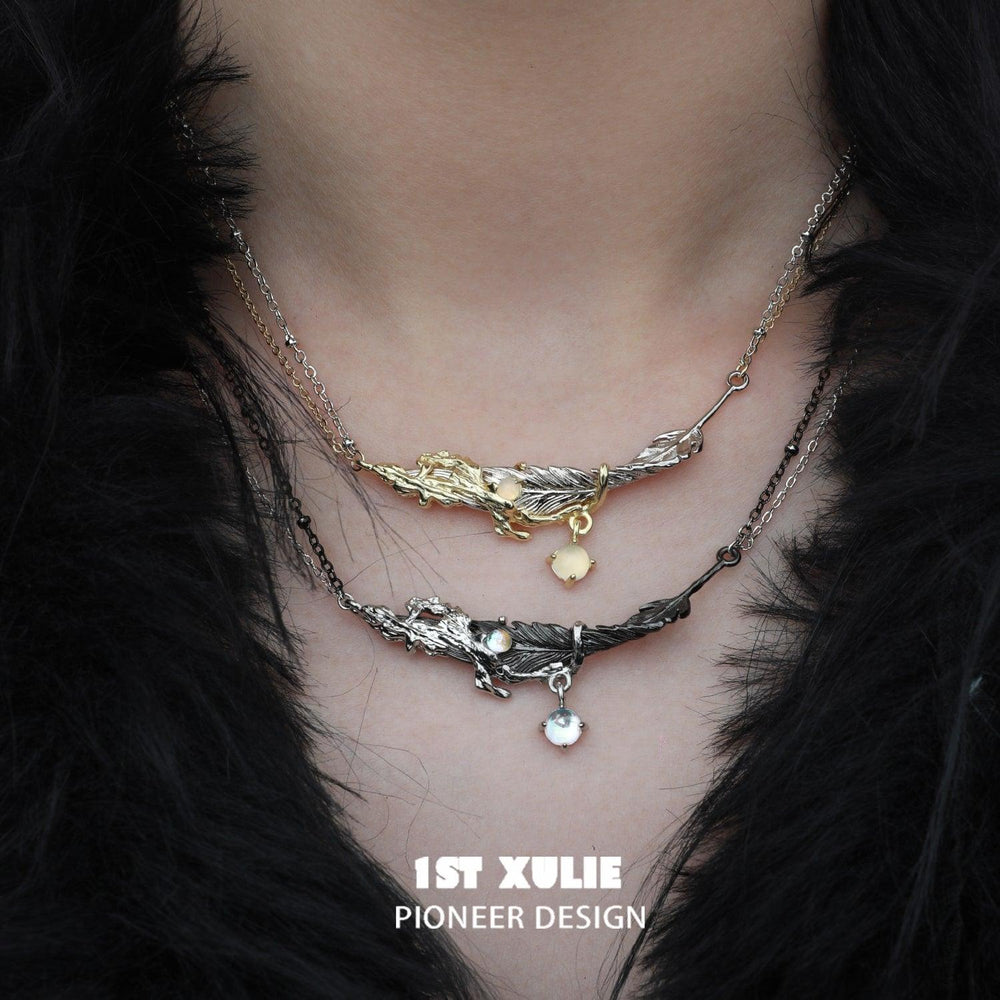 1ST XULIE "Lucifer" Gothic Feather Pendant Necklace in 18K Gold & Platinum Plate - Angle View