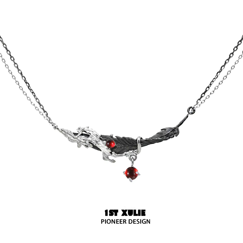 1ST XULIE "Lucifer" Gothic Feather Pendant Necklace in 18K Gold & Platinum Plate - On Model