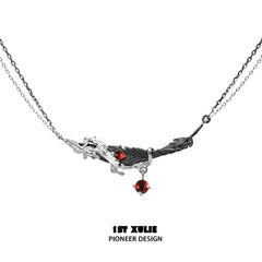 1ST XULIE "Lucifer" Gothic Feather Pendant Necklace in 18K Gold & Platinum Plate - On Model