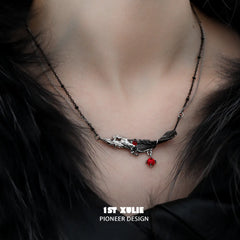 1ST XULIE "Lucifer" Gothic Feather Pendant Necklace in 18K Gold & Platinum Plate - On Model Close Up