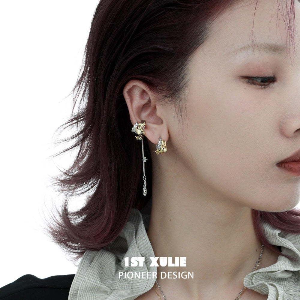1ST XULIE "Lucifer" Gothic Feather Wing Dangle Ear Cuffs in 18K Gold & Platinum Plating - Angle View