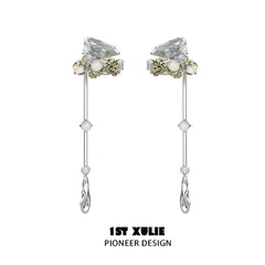 1ST XULIE "Lucifer" Gothic Feather Wing Dangle Ear Cuffs in 18K Gold & Platinum Plating - Detail Shot of Black Moonstone