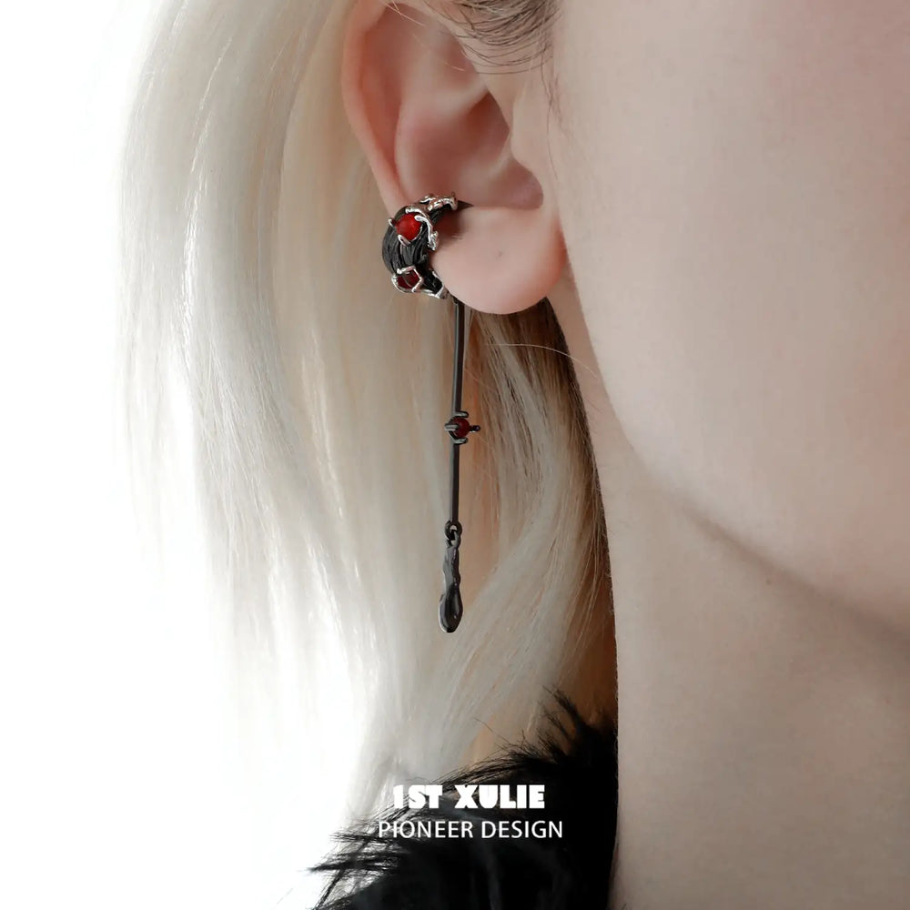 1ST XULIE "Lucifer" Gothic Feather Wing Dangle Ear Cuffs in 18K Gold & Platinum Plating - Lifestyle On Model