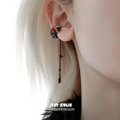 1ST XULIE "Lucifer" Gothic Feather Wing Dangle Ear Cuffs in 18K Gold & Platinum Plating - Lifestyle On Model