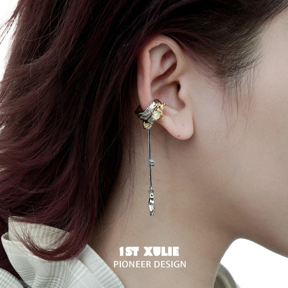 1ST XULIE "Lucifer" Gothic Feather Wing Dangle Ear Cuffs in 18K Gold & Platinum Plating - On Model