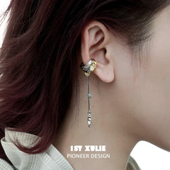 1ST XULIE "Lucifer" Gothic Feather Wing Dangle Ear Cuffs in 18K Gold & Platinum Plating - On Model